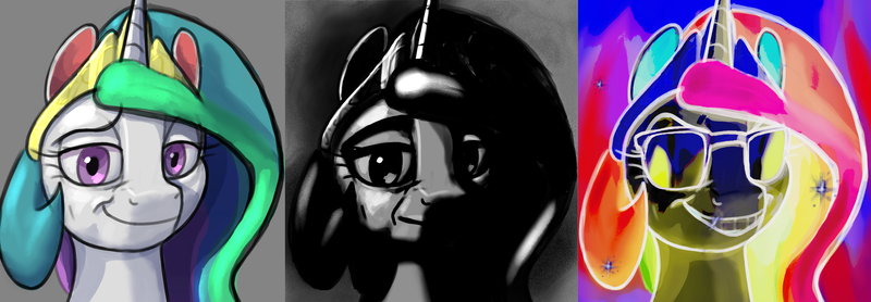 Size: 3196x1112 | Tagged: safe, artist:ciborgen, derpibooru import, princess celestia, alicorn, pony, bust, female, image, meme, mr. incredible, mr. incredible becoming uncanny, png, ponified meme, portrait, solo, sunglasses