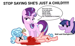 Size: 4000x2500 | Tagged: grimdark, derpibooru import, cozy glow, starlight glimmer, twilight sparkle, twilight sparkle (alicorn), alicorn, pegasus, pony, unicorn, abuse, angry, blood, child abuse doesn't matter if child is a psychopath, child abuse only applies to cozy, cozy glow deserved this, cozybuse, decapitated, evil starlight, excessive exclamation marks, exclamation point, female, gritted teeth, image, open mouth, png, s5 starlight, she deserved it, simple background, small wings, speech bubble, text, transparent background, trio, trio female, wings, x eyes