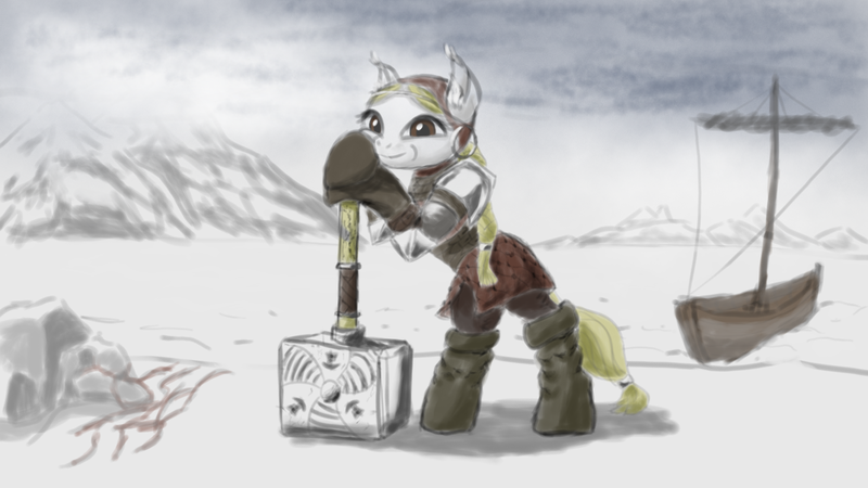 Size: 1920x1080 | Tagged: safe, artist:ciborgen, derpibooru import, oc, ponified, unofficial characters only, earth pony, pony, bipedal, bipedal leaning, boat, earth pony oc, female, hammer, hoof hold, image, leaning, png, ship, snow, solo, the witcher, viking
