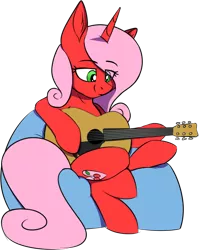 Size: 690x866 | Tagged: safe, artist:notetaker, derpibooru import, oc, oc:cherryheart, unofficial characters only, pony, unicorn, acoustic guitar, bean bag chair, female, guitar, image, mare, musical instrument, png, solo