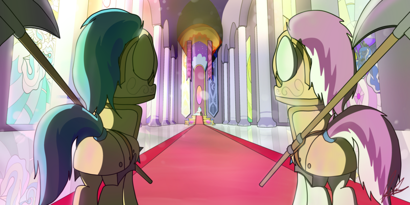 Size: 6000x3000 | Tagged: safe, artist:flaremoon, derpibooru import, princess celestia, princess luna, oc, oc:mercury haze, pony, unicorn, armor, canterlot, canterlot castle, female, guard, guardsmare, image, mare, png, royal guard, throne room