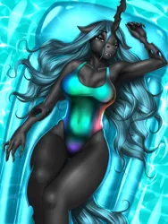 Size: 4500x6000 | Tagged: suggestive, artist:mykegreywolf, derpibooru import, queen chrysalis, anthro, changeling, changeling queen, unguligrade anthro, bedroom eyes, breasts, busty queen chrysalis, clothes, digital art, female, horn, image, jpeg, looking at you, one-piece swimsuit, pool toy, solo, solo female, stupid sexy chrysalis, swimming pool, swimsuit, thighs, thunder thighs, water, wingless, wingless anthro