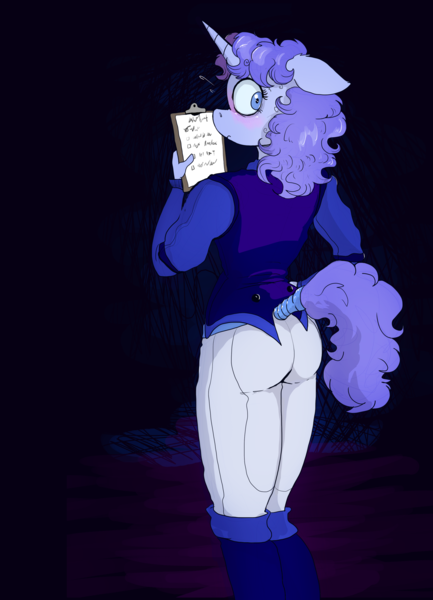 Size: 2490x3448 | Tagged: safe, artist:paskanaakka, derpibooru import, oc, oc:midnight dew, unofficial characters only, anthro, unicorn, alternate timeline, blushing, butt, clipboard, clothes, derpibooru exclusive, female, floppy ears, image, lidded eyes, nightmare takeover timeline, png, solo, uniform