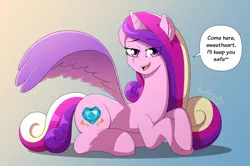 Size: 5956x3965 | Tagged: safe, artist:aarondrawsarts, derpibooru import, princess cadance, alicorn, pony, bedroom eyes, bronybait, commission, commissioner:reversalmushroom, dialogue, ear fluff, female, image, looking at you, lying down, mare, png, spread wings, talking to viewer, wings
