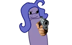 Size: 4000x2500 | Tagged: safe, derpibooru import, oc, oc:shit, earth pony, pony, 1000 hours in ms paint, 1000 years in photoshop, delet this, earth pony oc, female oc, gun, handgun, image, looking at you, png, pointing at you, simple background, smiling, smiling at you, solo, transparent background, wat, weapon