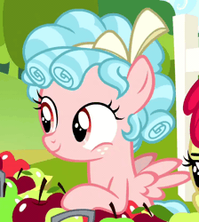 Size: 746x832 | Tagged: safe, derpibooru import, screencap, apple bloom, cozy glow, earth pony, pegasus, pony, marks for effort, season 8, spoiler:s08, animated, apple, bow, confused, cropped, curly mane, female, fence, filly, foal, food, freckles, gif, image, pointing, solo focus, talking, wings