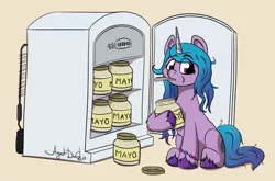 Size: 1678x1107 | Tagged: safe, artist:agent-diego, derpibooru import, izzy moonbow, pony, unicorn, eyebrows, eyebrows visible through hair, food, g5, image, mayonnaise, png, refrigerator, sauce, simple background, sitting