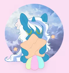 Size: 1112x1178 | Tagged: safe, artist:glimmermoon11, derpibooru import, comet tail, oc, oc:fleurbelle, alicorn, pony, alicorn oc, bow, chibi, cute, eyes closed, female, hair bow, holding, horn, image, mare, png, sky, stars, wings