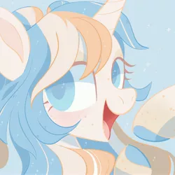 Size: 4500x4500 | Tagged: safe, artist:irusumau, derpibooru import, oc, oc:sleepy stars, unofficial characters only, pony, unicorn, blue background, blushing, bust, colored hooves, colored pupils, happy, hooves, horn, image, jpeg, looking at you, multicolored mane, open mouth, portrait, simple background, solo, sparkles, stars, unicorn oc