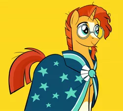 Size: 2350x2125 | Tagged: safe, artist:nonameorous, derpibooru import, sunburst, pony, unicorn, cloak, clothes, coat markings, facial hair, glasses, image, jpeg, male, simple background, socks (coat marking), solo, stallion, sunburst's cloak, sunburst's glasses, yellow background