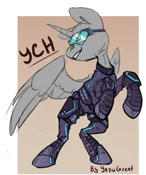 Size: 1600x1912 | Tagged: safe, artist:yarugreat, derpibooru import, oc, alicorn, pony, advertisement, armor, armored pony, commission, glasses, horn, image, neon, png, smiling, smirk, solo, spread wings, wings, ych sketch, your character here