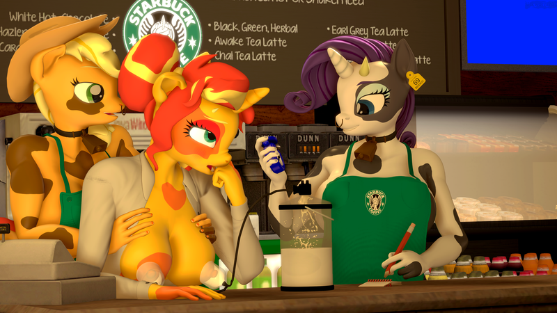Size: 3840x2160 | Tagged: questionable, artist:silkworm205, derpibooru import, applejack, rarity, sunset shimmer, anthro, cow, earth pony, unicorn, 3d, alternate hairstyle, applecow, applejack's hat, appleshimmer, apron, bell, big breasts, big nipples, blushing, breast grab, breast milk, breasts, busty applejack, busty rarity, busty sunset shimmer, cash register, clenched fist, clothes, cow horns, cowbell, cowboy hat, derpibooru exclusive, ear tag, female, fetish, grope, hat, horns, image, lactation, lesbian, milk, milking, milking fetish, milking machine, nipples, nose piercing, nose ring, notepad, nudity, open clothes, open shirt, pencil, piercing, png, raricow, revamped anthros, shipping, source filmmaker, species swap, starbucks, stopwatch, sunset shimmoo