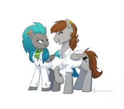 Size: 1024x900 | Tagged: safe, artist:carnifex, derpibooru import, oc, oc:blackburn, oc:lockwood, unofficial characters only, pegasus, pony, commission, crisis equestria, ear piercing, earring, eyes closed, female, image, jewelry, jpeg, looking at each other, looking at someone, male, mare, open mouth, open smile, piercing, simple background, smiling, stallion, white background