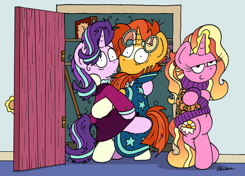 Size: 1024x736 | Tagged: suggestive, artist:bobthedalek, derpibooru import, luster dawn, starlight glimmer, sunburst, pony, unicorn, beard, caught, clothes, facial hair, female, headmare starlight, image, jpeg, male, offspring, older, older starlight glimmer, older sunburst, parent:starlight glimmer, parent:sunburst, parents:starburst, shipping, smug, starburst, straight, sweater, the simpsons