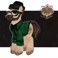 Size: 2449x2449 | Tagged: safe, artist:ponsel, derpibooru import, oc, unofficial characters only, earth pony, pony, abstract background, beard, clothes, ear piercing, earth pony oc, facial hair, fedora, glasses, hat, hipster, image, male, piercing, png, solo, stallion, unshorn fetlocks