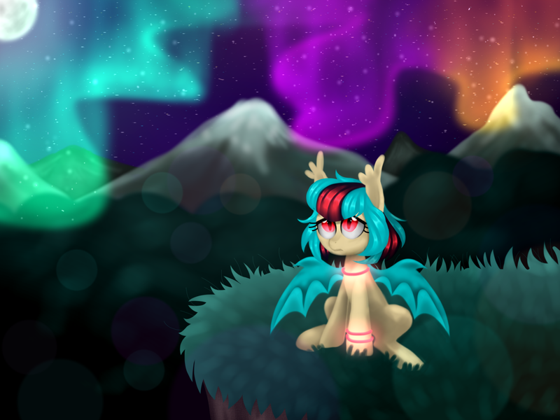 Size: 1600x1200 | Tagged: safe, artist:kaikururu, derpibooru import, oc, oc:cherry bomb, unofficial characters only, bat pony, pony, aurora borealis, bat pony oc, bat wings, female, glowstick, image, looking up, mare, night, outdoors, png, red eyes, sad, slit eyes, slit pupils, solo, spread wings, stars, wings