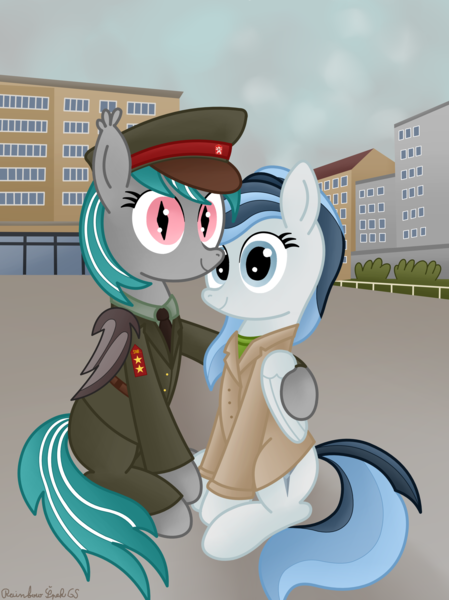 Size: 3016x4032 | Tagged: safe, artist:rainbowšpekgs, derpibooru import, oc, oc:haze northfleet, oc:malachite cluster, unofficial characters only, bat pony, pegasus, pony, bat wings, building, cap, city, cityscape, clothes, coat, couple, cute, czechoslovakia, duo, hat, image, necktie, plattenbau, png, police uniform, shipping, sitting, smiling, uniform, wings, winter