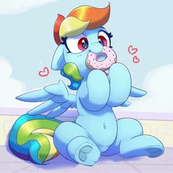 Size: 3000x3000 | Tagged: safe, artist:pabbley, derpibooru import, rainbow dash, pegasus, pony, belly, belly button, cute, dashabetes, donut, eating, female, floating heart, food, heart, image, jpeg, mare, solo, underhoof