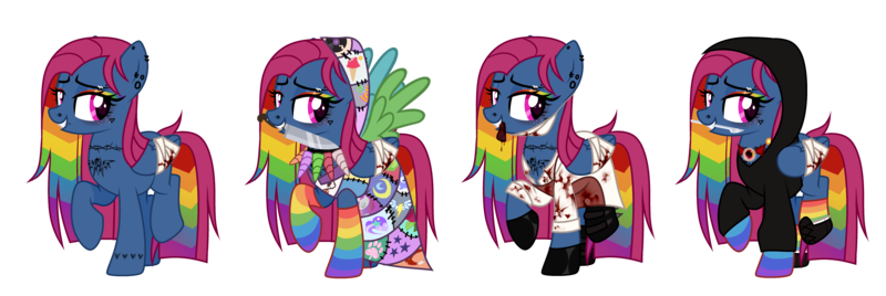 Size: 7286x2440 | Tagged: semi-grimdark, artist:idkhesoff, derpibooru import, oc, oc:cupcake splatter, unofficial characters only, pegasus, pony, fanfic:cupcakes, fanfic:rainbow factory, apron, bandage, blood, boots, cannibalism, choker, clothes, cutie mark dress, dress, ear piercing, earring, eyebrow piercing, eyeshadow, fanfic art, female, flesh, food, freckles, gloves, grin, hood, hoodie, horn, image, jewelry, knife, lab coat, lip piercing, magical lesbian spawn, makeup, mare, mask, meat, mouth hold, multicolored hair, nose piercing, offspring, parent:pinkie pie, parent:rainbow dash, parents:pinkiedash, piercing, png, ponies eating meat, ponies eating ponies, rainbow hair, rainbow socks, raised hoof, raised leg, scalpel, shoes, simple background, smiling, socks, solo, striped socks, tattoo, transparent background, wings