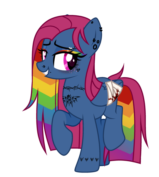 Size: 1999x2218 | Tagged: semi-grimdark, artist:idkhesoff, derpibooru import, oc, oc:cupcake splatter, unofficial characters only, pegasus, pony, fanfic:cupcakes, fanfic:rainbow factory, bandage, blood, derpibooru exclusive, ear piercing, earring, eyebrow piercing, eyeshadow, fanfic art, female, freckles, grin, image, jewelry, lip piercing, magical lesbian spawn, makeup, mare, multicolored hair, nose piercing, offspring, parent:pinkie pie, parent:rainbow dash, parents:pinkiedash, piercing, png, rainbow hair, raised hoof, raised leg, simple background, smiling, solo, tattoo, transparent background