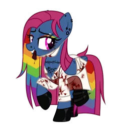 Size: 1999x2218 | Tagged: semi-grimdark, artist:idkhesoff, derpibooru import, oc, oc:cupcake splatter, unofficial characters only, pegasus, pony, fanfic:cupcakes, fanfic:rainbow factory, apron, bandage, blood, boots, cannibalism, clothes, coat, derpibooru exclusive, ear piercing, earring, eyebrow piercing, eyeshadow, fanfic art, female, flesh, food, freckles, gloves, grin, image, jewelry, lab coat, lip piercing, magical lesbian spawn, makeup, mare, mask, meat, mouth hold, multicolored hair, nose piercing, offspring, parent:pinkie pie, parent:rainbow dash, parents:pinkiedash, piercing, png, ponies eating meat, ponies eating ponies, rainbow hair, raised hoof, raised leg, shoes, simple background, smiling, solo, tattoo, transparent background