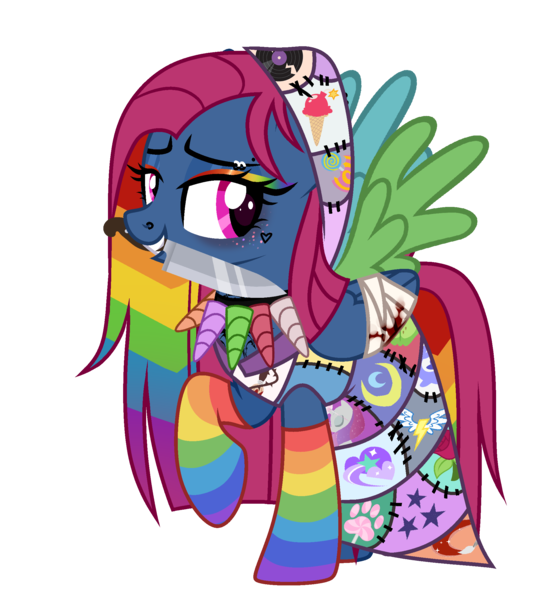 Size: 1999x2218 | Tagged: semi-grimdark, artist:idkhesoff, derpibooru import, oc, oc:cupcake splatter, unofficial characters only, pegasus, pony, fanfic:cupcakes, fanfic:rainbow factory, bandage, blood, choker, clothes, cutie mark dress, derpibooru exclusive, dress, ear piercing, earring, eyebrow piercing, eyeshadow, fanfic art, female, freckles, grin, hood, horn, image, jewelry, knife, lip piercing, magical lesbian spawn, makeup, mare, mouth hold, multicolored hair, nose piercing, offspring, parent:pinkie pie, parent:rainbow dash, parents:pinkiedash, piercing, png, rainbow hair, rainbow socks, raised hoof, raised leg, simple background, smiling, socks, solo, striped socks, tattoo, transparent background, wings