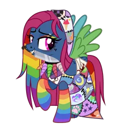 Size: 1999x2218 | Tagged: semi-grimdark, artist:idkhesoff, derpibooru import, oc, oc:cupcake splatter, unofficial characters only, pegasus, pony, fanfic:cupcakes, fanfic:rainbow factory, bandage, blood, choker, clothes, cutie mark dress, derpibooru exclusive, dress, ear piercing, earring, eyebrow piercing, eyeshadow, fanfic art, female, freckles, grin, hood, horn, image, jewelry, knife, lip piercing, magical lesbian spawn, makeup, mare, mouth hold, multicolored hair, nose piercing, offspring, parent:pinkie pie, parent:rainbow dash, parents:pinkiedash, piercing, png, rainbow hair, rainbow socks, raised hoof, raised leg, simple background, smiling, socks, solo, striped socks, tattoo, transparent background, wings
