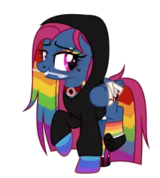Size: 1999x2218 | Tagged: safe, artist:idkhesoff, derpibooru import, oc, oc:cupcake splatter, unofficial characters only, pegasus, pony, fanfic:cupcakes, fanfic:rainbow factory, bandage, blood, boots, choker, clothes, derpibooru exclusive, ear piercing, earring, eyebrow piercing, eyeshadow, fanfic art, female, freckles, grin, hoodie, image, jewelry, lip piercing, magical lesbian spawn, makeup, mare, mouth hold, multicolored hair, nose piercing, offspring, parent:pinkie pie, parent:rainbow dash, parents:pinkiedash, piercing, png, rainbow hair, rainbow socks, raised hoof, raised leg, scalpel, shoes, simple background, smiling, socks, solo, striped socks, tattoo, transparent background