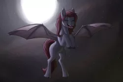 Size: 6000x4000 | Tagged: safe, artist:stardustspix, derpibooru import, oc, oc:sweetnight, unofficial characters only, bat pony, pony, bat pony oc, bat wings, bipedal, eyes closed, fangs, flying, image, moon, night, open mouth, png, solo, stars, wings