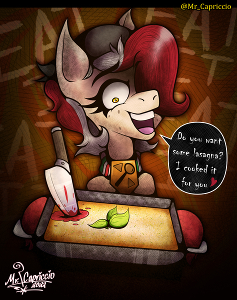 Size: 3000x3800 | Tagged: safe, artist:mrcapriccio, derpibooru import, oc, oc:ricotta tossica, earth pony, pony, abstract background, bust, clothes, collar, dialogue, female, food, high res, image, jpeg, knife, lasagna, looking at you, mare, neckerchief, pasta, psycho, solo