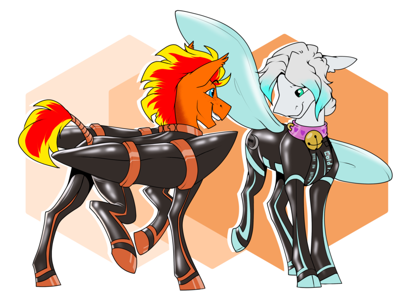 Size: 3598x2666 | Tagged: suggestive, artist:parrpitched, derpibooru import, oc, oc:cold front, oc:fireheart(fire), bat pony, hybrid, pegasus, bound wings, closed suit design, clothes, fireheart76's latex suit design, gloves, image, latex, latex gloves, latex suit, pegabat, png, prisoners of the moon, wing gloves, wings