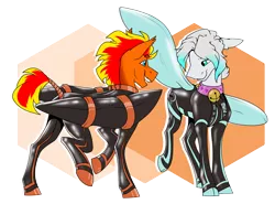 Size: 3598x2666 | Tagged: suggestive, artist:parrpitched, derpibooru import, oc, oc:cold front, oc:fireheart(fire), bat pony, hybrid, pegasus, bound wings, closed suit design, clothes, fireheart76's latex suit design, gloves, image, latex, latex gloves, latex suit, pegabat, png, prisoners of the moon, wing gloves, wings