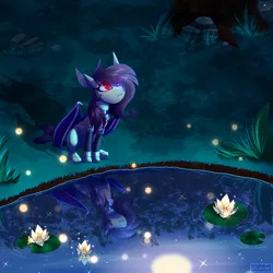 Size: 3000x3000 | Tagged: safe, artist:celes-969, derpibooru import, oc, unofficial characters only, bat pony, pony, full moon, image, lilypad, moon, png, reflection, solo, water