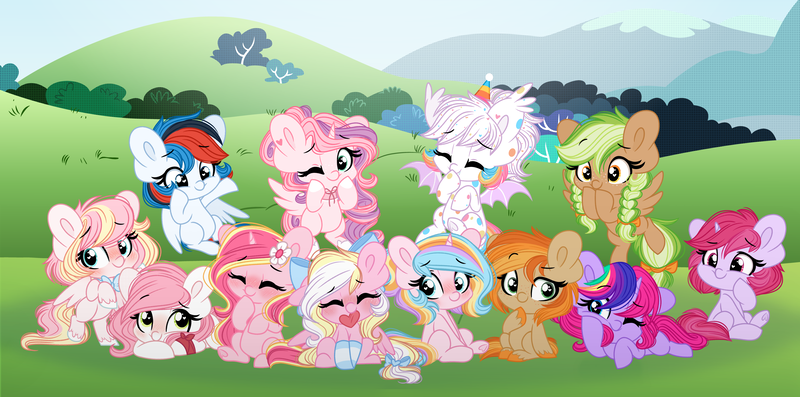 Size: 5485x2722 | Tagged: safe, artist:emberslament, derpibooru import, oc, oc:bay breeze, oc:confetti cupcake, oc:ninny, oc:parlay, oc:retro city, oc:rosa flame, oc:saku, alicorn, bat pony, earth pony, pegasus, pony, unicorn, blushing, bow, bowtie, chibi, clothes, cute, eyes closed, female, females only, flying, freckles, group, hair bow, image, mare, one eye closed, outdoors, png, sitting, socks, spread wings, striped socks, tail, tail bow, unshorn fetlocks, wings, wink