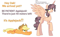 Size: 4000x2500 | Tagged: safe, artist:aonatsu_ki, artist:naturajellyfish, derpibooru import, applejack, oc, oc:oak, alicorn, earth pony, pony, comic:useless alicorn, alicorn oc, applejack is not amused, applejack's hat, cowboy hat, duo, duo female, excessive exclamation marks, exclamation point, eyeshadow, female, freckles, gritted teeth, hat, horn, image, large wings, lidded eyes, looking up, lying down, makeup, mare, png, question mark, raised hoof, simple background, spread wings, text, transparent background, unamused, wings