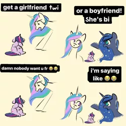 Size: 1200x1200 | Tagged: safe, artist:adamscage, derpibooru import, princess celestia, princess luna, twilight sparkle, alicorn, pony, unicorn, bisexual, bully, bullying, dialogue, emoji, image, meme, png, ponified meme, simple background, sitting, tan background, unicorn twilight