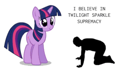 Size: 750x422 | Tagged: safe, artist:themightyshizam, editor:drtoughlove, twibooru exclusive, twilight sparkle, human, pony, unicorn, animated, bouncing, bowing, cute, duo, female, gif, image, kneeling, mare, meme, simple background, smiling, solo, supremacy, supremacy meme, text, truth, twiabetes, unicorn twilight, white background