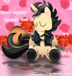 Size: 5742x5997 | Tagged: safe, artist:lincolnbrewsterfan, derpibooru import, oc, oc:breaking point, ponified, unofficial characters only, alicorn, pony, fallout equestria, my little pony: the movie, .svg available, absurd file size, absurd resolution, acoustic guitar, alicorn oc, alternate universe, belly button, birthday, blue eye, blue eyes, clothes, colored wings, denim, denim jacket, dock, equestria (font), fire, flower, folded wings, gift art, gradient background, gradient wings, guitar, happy, happy birthday, heart, heart hoof, highlights, hoof shoes, horn, hug, image, male, mane, markings, movie accurate, musical instrument, musician, pink background, pipbuck, pipbuck 3000, png, ponysona, present, raised hoof, reflection, rose, ruffled wing, self-hugging, selfhug, shading, simple background, smiling, solo, special, special face, stallion, stallion oc, swirls, tail, tattoo, taylor 314ce (guitar), taylor guitar, text, vector, wings