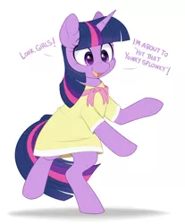 Size: 1400x1690 | Tagged: safe, artist:higgly-chan, derpibooru import, twilight sparkle, pony, unicorn, bipedal, birthday dress, clothes, cute, dancing, dialogue, dress, featured image, female, image, mare, meme, open mouth, png, simple background, solo, that yoinky sploinky, twiabetes, unicorn twilight, white background