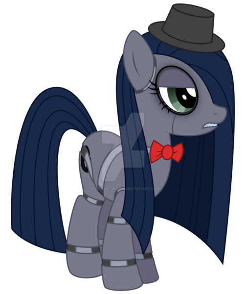 Size: 818x976 | Tagged: safe, artist:reitanna-seishin, derpibooru import, oc, oc:minkie pie, unofficial characters only, earth pony, pony, robot, robot pony, animatronic, bags under eyes, bowtie, clothes, deviantart watermark, female, five nights at freddy's, hat, image, mare, obsidian pie, obtrusive watermark, png, simple background, solo, transparent background, watermark