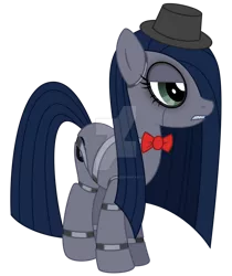 Size: 818x976 | Tagged: safe, artist:reitanna-seishin, derpibooru import, oc, oc:minkie pie, unofficial characters only, earth pony, pony, robot, robot pony, animatronic, bags under eyes, bowtie, clothes, deviantart watermark, female, five nights at freddy's, hat, image, mare, obsidian pie, obtrusive watermark, png, simple background, solo, transparent background, watermark