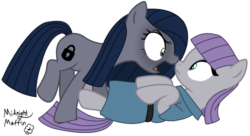 Size: 1010x551 | Tagged: safe, derpibooru import, maud pie, oc, oc:minkie pie, earth pony, pony, angry, bags under eyes, clothes, dress, duo, female, image, lying down, mare, obsidian pie, on back, png, self paradox, self ponidox, simple background