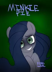 Size: 1024x1409 | Tagged: safe, artist:figg54, derpibooru import, oc, oc:minkie pie, unofficial characters only, earth pony, pony, bags under eyes, female, image, jpeg, lying down, mare, no catchlights, obsidian pie, on back, smiling, solo, text