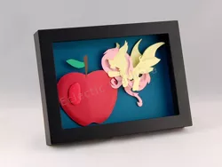 Size: 1277x960 | Tagged: safe, artist:elathera, derpibooru import, fluttershy, bat pony, pony, 2014, apple, bat ponified, flutterbat, food, giant apple, image, jpeg, paper, race swap, shadowbox