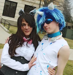 Size: 1048x1081 | Tagged: photographer needed, safe, artist:yokumasaki, derpibooru import, octavia melody, vinyl scratch, human, 2015, clothes, cosplay, costume, duo, headphones, image, irl, irl human, photo, png