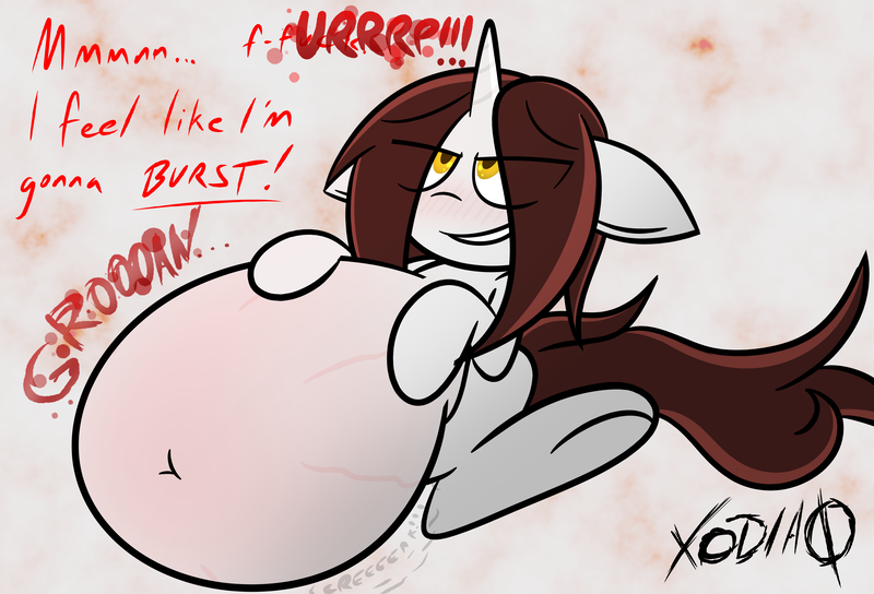 Size: 2939x2000 | Tagged: questionable, artist:xodisvorebin, derpibooru import, oc, oc:bloody mess, pony, unicorn, about to explode, belly, big belly, blushing, huge belly, image, imminent popping, impossibly large belly, near bursting, oc on, overstuffed, png, solo, stomach noise, stretchmarks, stuffing