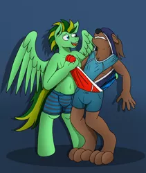 Size: 4216x4992 | Tagged: suggestive, artist:tacomytaco, derpibooru import, oc, oc:taco.m.tacoson, oc:ziggy, unofficial characters only, otter, pegasus, pony, atomic wedgie, belly button, bipedal, blue underwear, boxers, briefs, clothes, crotch bulge, frontal wedgie, gritted teeth, image, male, males only, pain, partial nudity, png, red underwear, shorts, shoulder wedgie, spread wings, striped underwear, topless, underwear, wedgie, wings