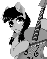 Size: 4000x5000 | Tagged: safe, artist:rise_of_evil_69, derpibooru import, octavia melody, earth pony, pony, background pony, black and white, bowtie, cello, cute, female, grayscale, image, looking at you, manga, mare, monochrome, musical instrument, open mouth, png, simple background, solo, solo female, wind, windswept mane