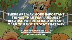 Size: 1280x720 | Tagged: safe, derpibooru import, edit, editor:quoterific, idw, applejack, big macintosh, earth pony, pony, apple, colt big macintosh, female, filly, filly applejack, food, image, jpeg, male, micro-series, no fear except one, open mouth, text, tree, younger