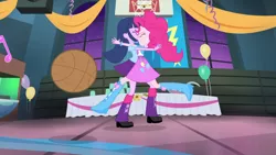 Size: 3410x1920 | Tagged: safe, derpibooru import, screencap, pinkie pie, twilight sparkle, equestria girls, rainbow rocks, shake your tail, balloon, basket, basketball, boots, clothes, collision, cutie mark, cutie mark on clothes, duo, duo female, eyes closed, female, high res, image, jpeg, shoes, sports